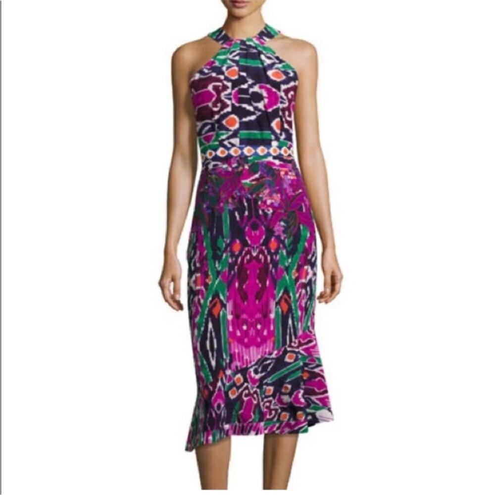 SALONI Ikat Silk Printed Cocktail Party Midi Dress Fuchsia and‎ Navy Size 0